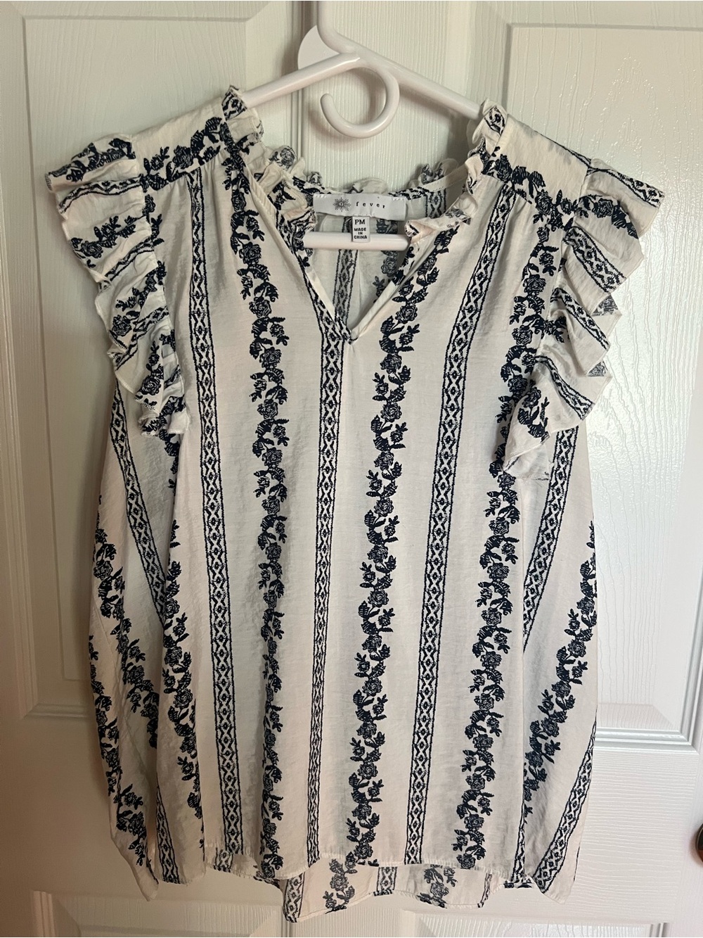 Fever White Blouse with Black Floral Stripe and Ruffle Sleeves